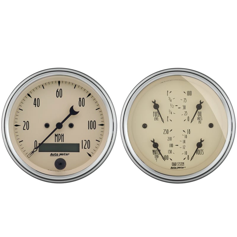 AutoMeter — GAUGE KIT, 2 PC., QUAD & SPEEDOMETER, 3 3/8", ANTIQUE BEIGE