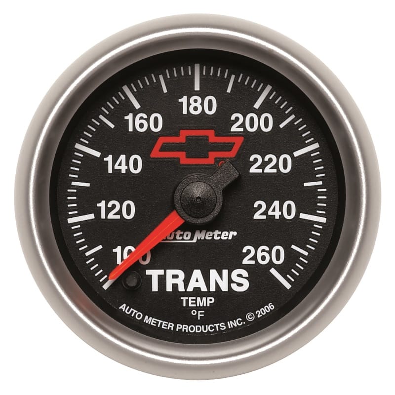 AutoMeter — GAGE, TRANS. TEMP, 2 1/16", 100-260F, DIGTL STPPR MTR, CHEVY RED BOWTIE, BLACK