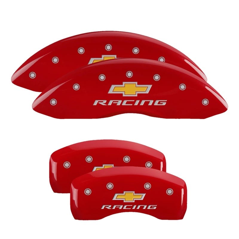MGP — Set of 4 caliper covers, Engraved Front and Rear: Chevy racing, Red powder coat 
