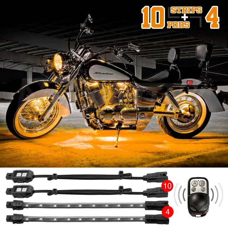 XKGLOW — XK Glow Strips Single Color XKGLOW LED Accent Light Motorcycle Kit Amber - 10xPod + 4x8In