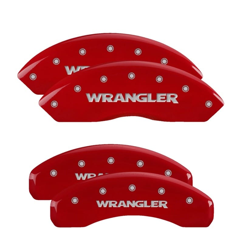 MGP — Set of 4 caliper covers, Engraved Front and Rear: WRANGLER, Red powder coat fini