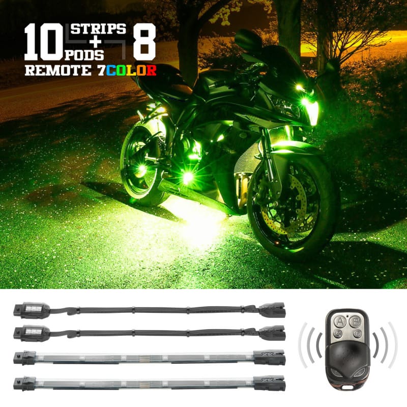 XKGLOW — XK Glow Flex Strips 7 Color LED Accent Light Motorcycle/ATV Kit (10xCompact Pods + 8x10In)