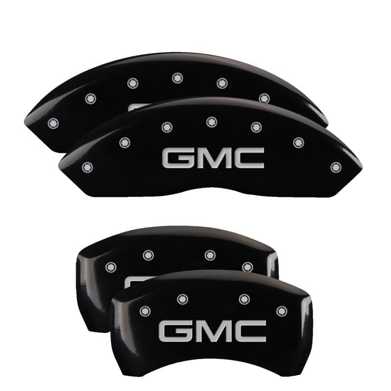 MGP — Set of 4 caliper covers, Engraved Front and Rear: GMC, Black powder coat finish,