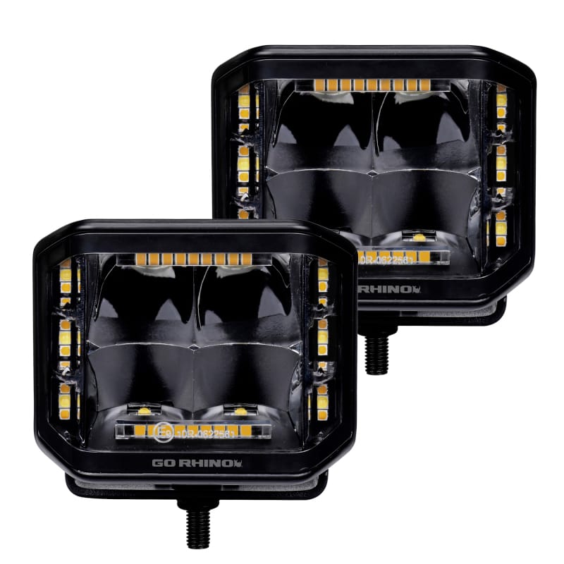 Go Rhino — Blackout Combo Series - SIDELINE 4x3 LED Cube Spot Lights, Pair, w/Amber LEDs