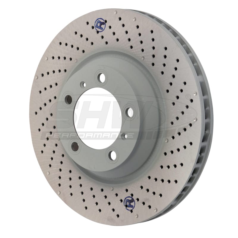 SHW Performance — SHW 07-13 Porsche 911 Turbo w/o Ceramic Brakes Right Front Drill-Dimp MB Brake Rotor (99735140601)
