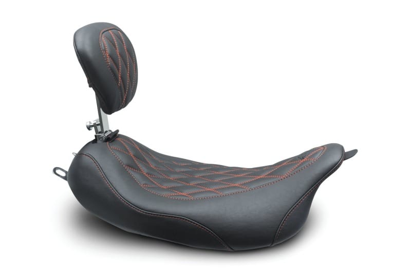 Mustang Motorcycle — Mustang 08-21 Harley Wide Tripper FL Touring Pass Seat w/ Dr Backrest, Red Diamond Stitch - Black