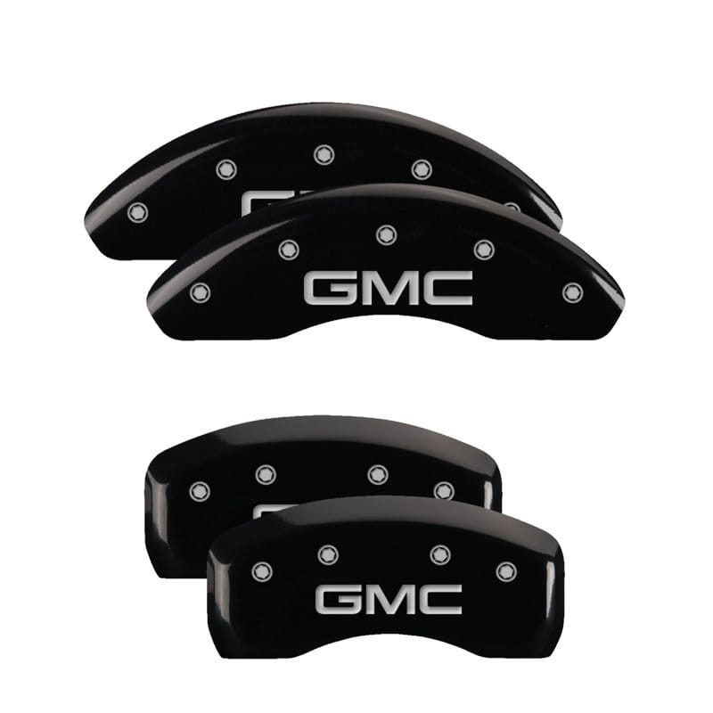 MGP — Set of 4 caliper covers, Engraved Front and Rear: GMC, Black powder coat finish,