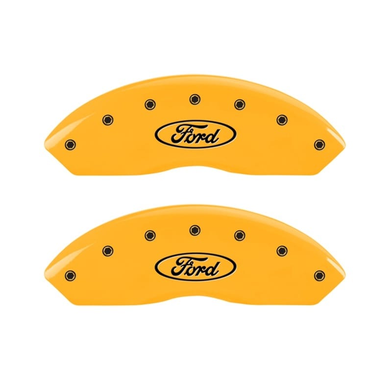 MGP — Set Of 2 Caliper Covers, Engraved Front: Ford Oval Logo Yellow Powder Coat Finis