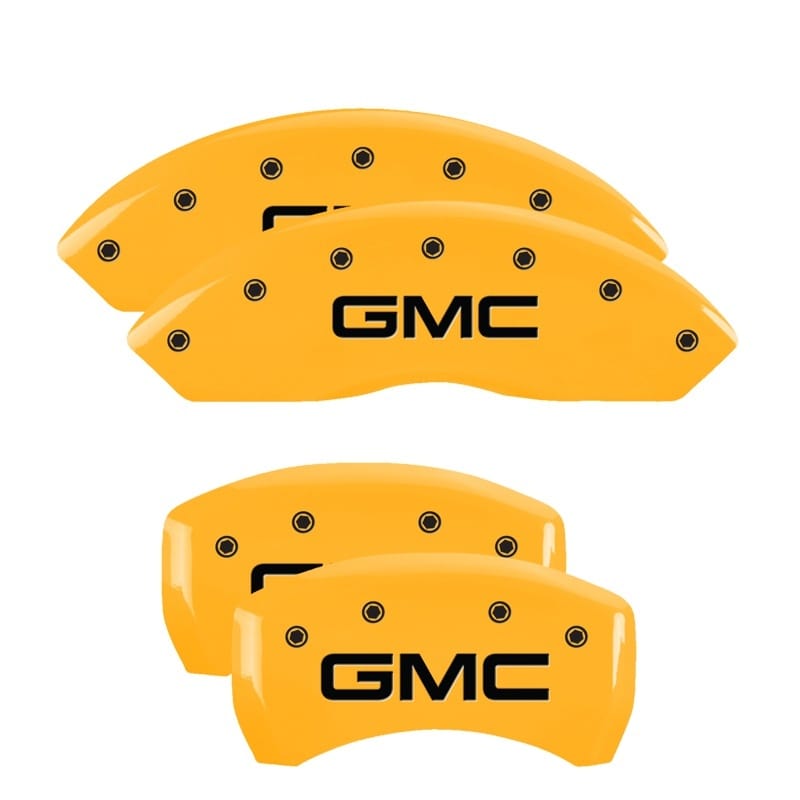 MGP — Set of 4 caliper covers, Engraved Front and Rear: GMC, Yellow powder coat finish