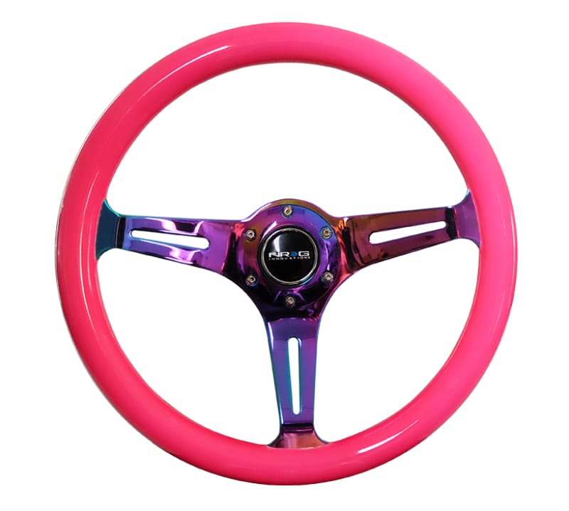NRG — NRG Classic Wood Grain Steering Wheel (350mm) Neon Pink Painted Grip w/Neochrome 3-Spoke Center