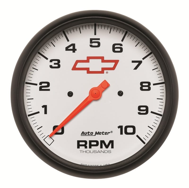 AutoMeter — GAUGE, TACHOMETER, 5", 10K RPM, IN-DASH, CHEVY RED BOWTIE, WHITE