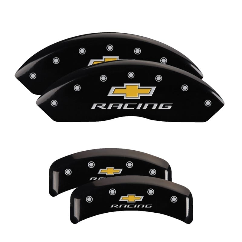 MGP — Set of 4 caliper covers, Engraved Front and Rear: Chevy racing, Black powder coa