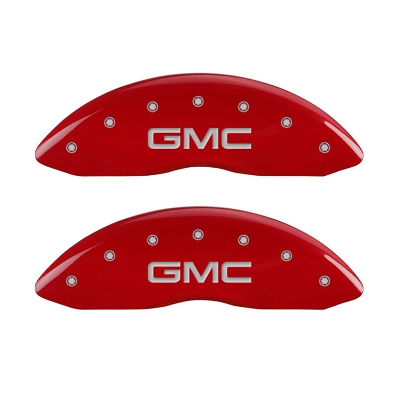 MGP — Set Of 2 Caliper Covers, Engraved Rear: GMC Red Powder Coat Finish, Silver Chara