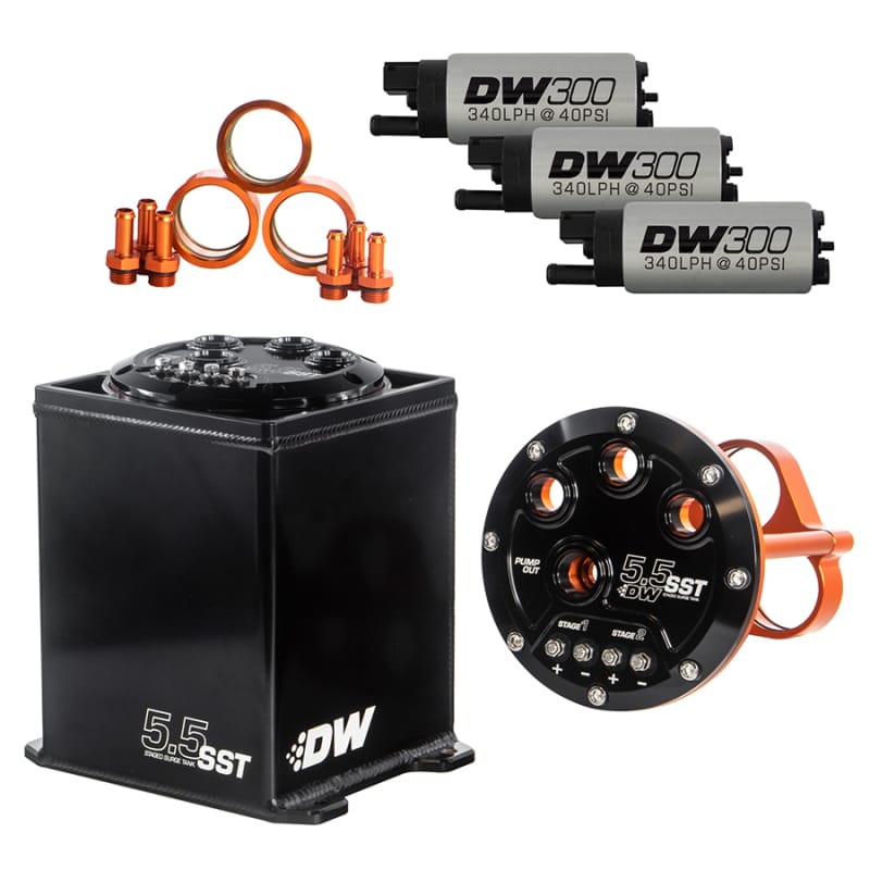 DeatschWerks — 5.5 Staged Surge Tank with 3 DW300 Fuel Pumps
5.5L Surge Tank