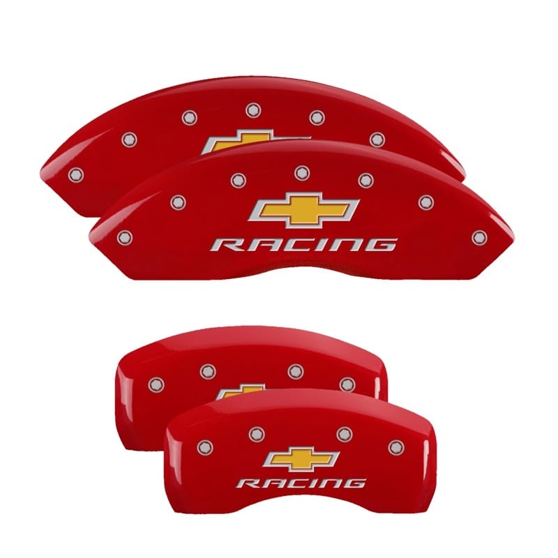 MGP — Set of 4 caliper covers, Engraved Front and Rear: Chevy racing, Red powder coat 