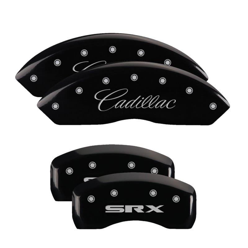 MGP — Set of 4 caliper covers, Engraved Front: Cursive/Cadillac - Engraved Rear: SRX, 