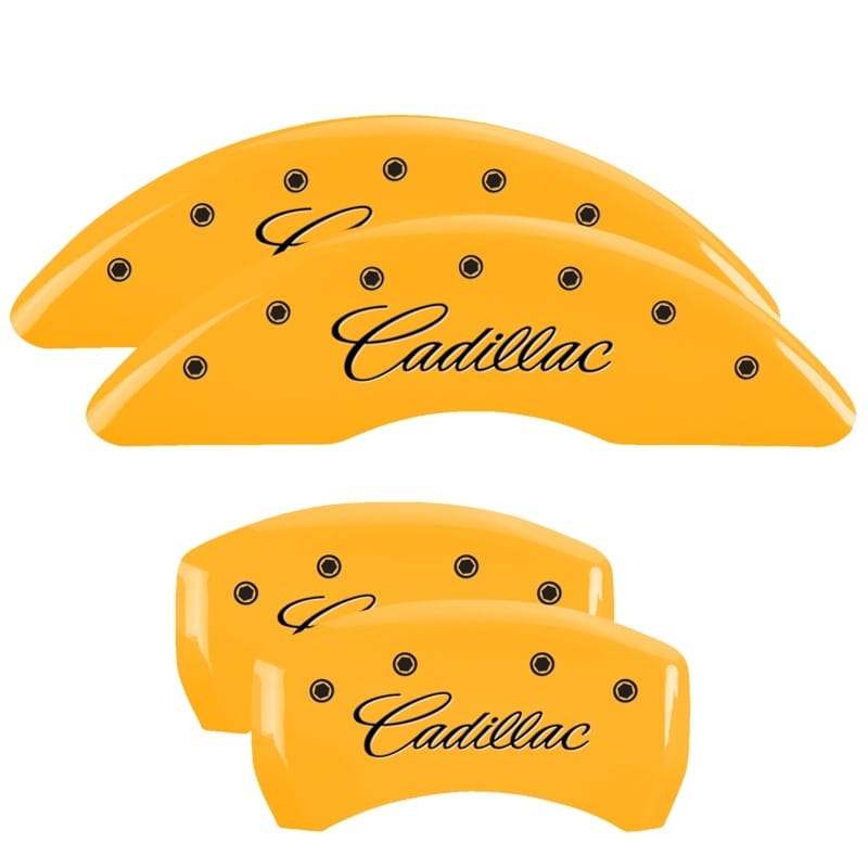 MGP — Set of 4 caliper covers, Engraved Front and Rear: Cursive/Cadillac, Yellow powde
