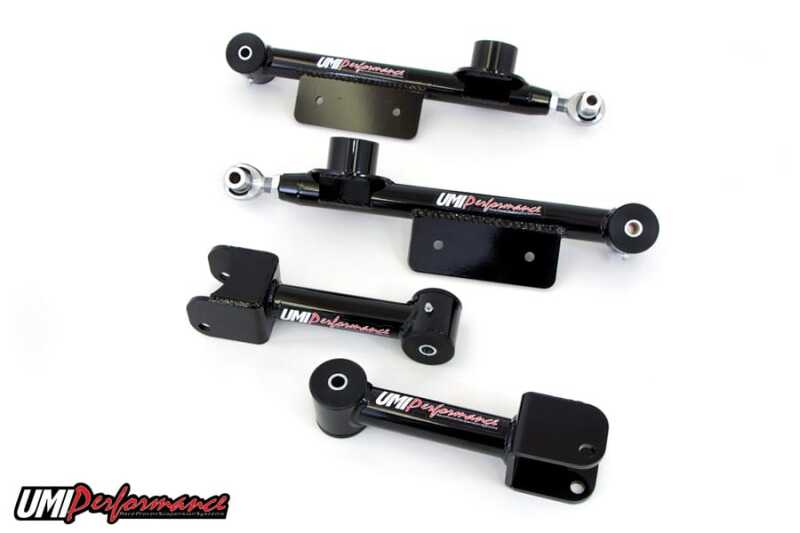 UMI Performance — UMI adj lower & fixed upper control arms: bolt-on, poly bushings, track-ready.