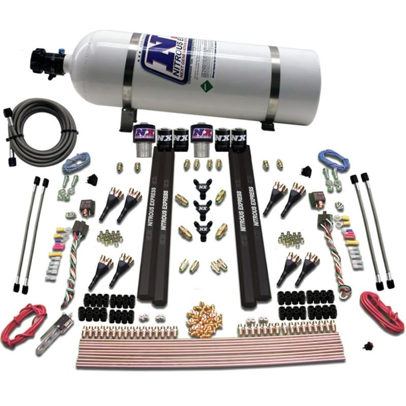 Nitrous Express — SX2 DUAL STG /GAS/RAILS 8 NZLS (200-1200HP) W/ 15LB BOTTLE
Nitrous Oxide Injection System Kit