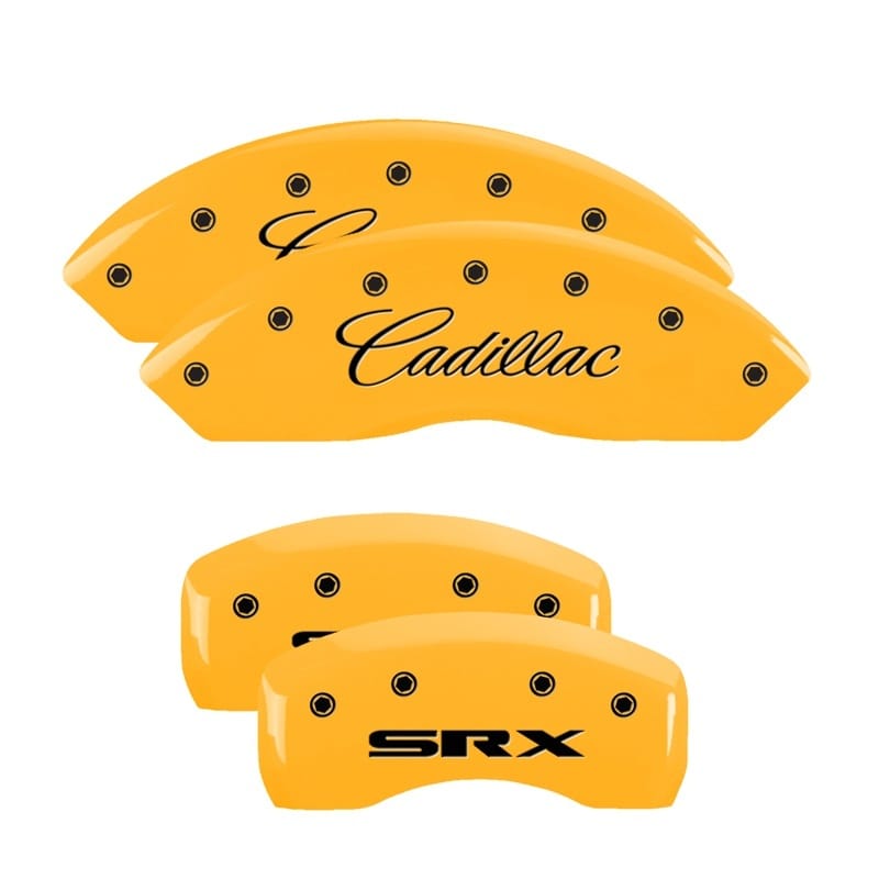 MGP — Set of 4 caliper covers, Engraved Front: Cursive/Cadillac - Engraved Rear: SRX, 