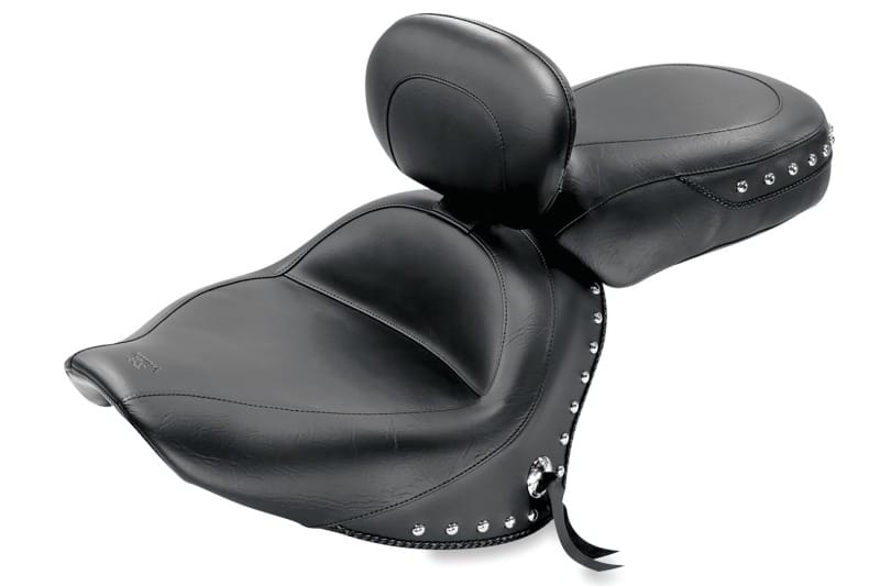 Mustang Motorcycle — Mustang 07-17 Yamaha V-Star 1300,1300 Tourer Wide 2PC Seat w/ Driver Backrest Studs- Black