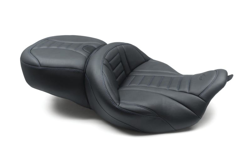 Mustang Motorcycle — Mustang 08-21 Harley Electra Glide/Rd Glide/Rd King 1PC Seat Deluxe - Black w/ Sky Blue Stitching