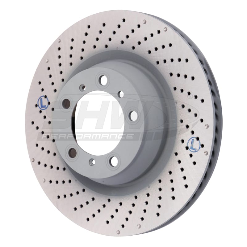 SHW Performance — SHW 07-13 Porsche 911 Turbo 3.8L w/o Ceramics Left Rear Drilled-Dimpled MB Brake Rotor (99735240502)