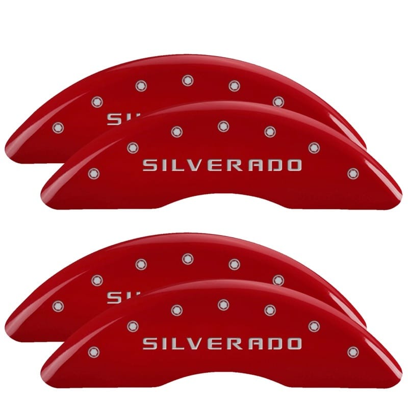 MGP — Set of 4 caliper covers, Engraved Front and Rear: Silverado, Red powder coat fin
