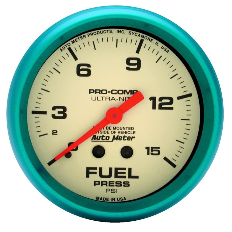 AutoMeter — GAUGE, FUEL PRESS, 2 5/8" , 15PSI, MECH., GLOW IN THE DARK, ULTRA-NITE