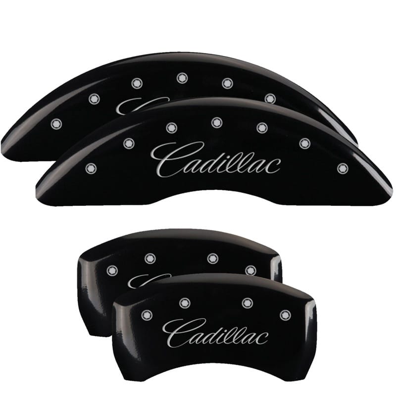 MGP — Set of 4 caliper covers, Engraved Front and Rear: Cursive/Cadillac, Black powder