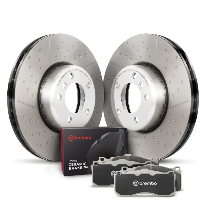 Brembo OE — Brembo ceramic brake pad and composite PVT drilled and slotted brake disc kit