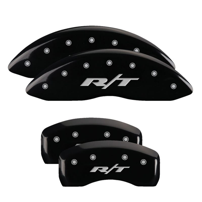 MGP — Set of 4 caliper covers, Engraved Front and Rear: RT, Black powder coat finish, 