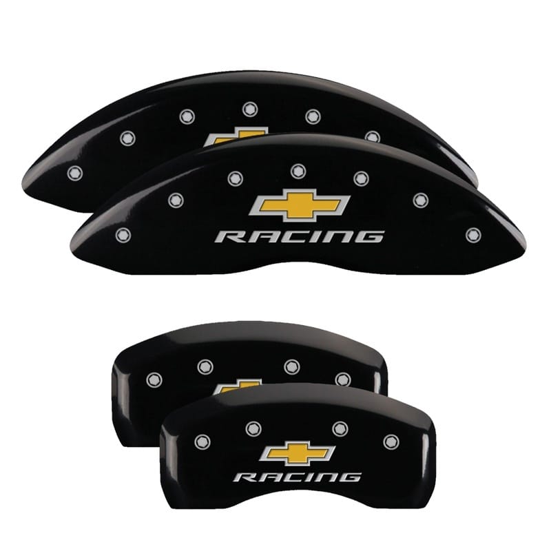 MGP — Set of 4 caliper covers, Engraved Front and Rear: Chevy racing, Black powder coa