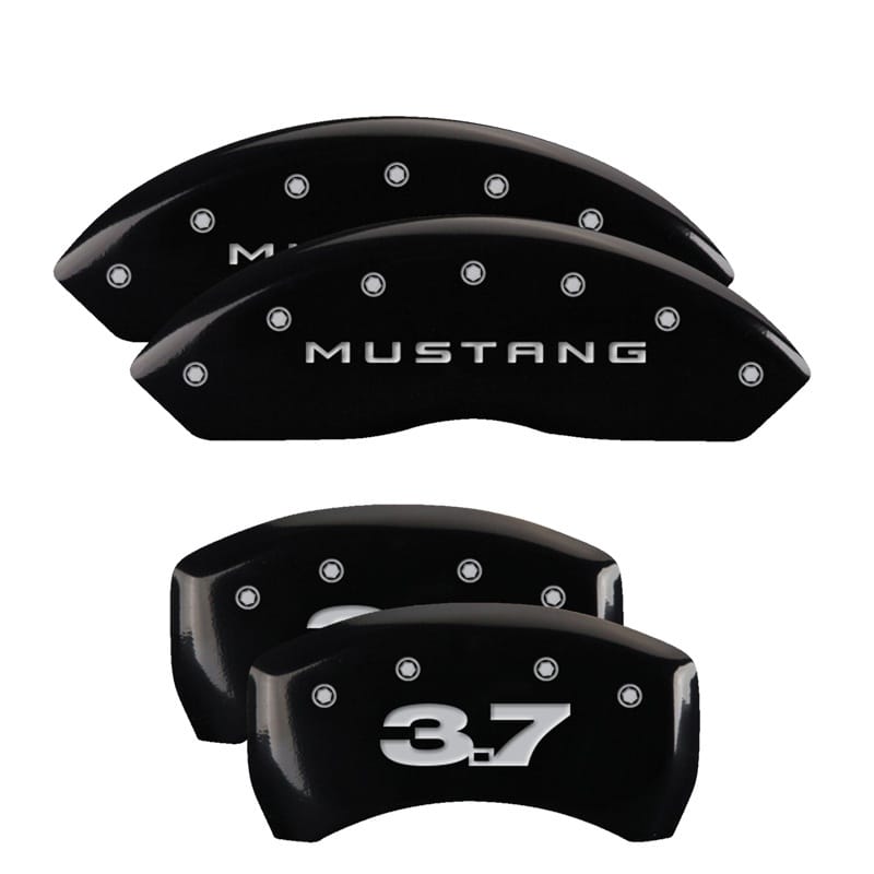 MGP — Set of 4 caliper covers, Engraved Front: Mustang - Engraved Rear: 3.7, Black pow