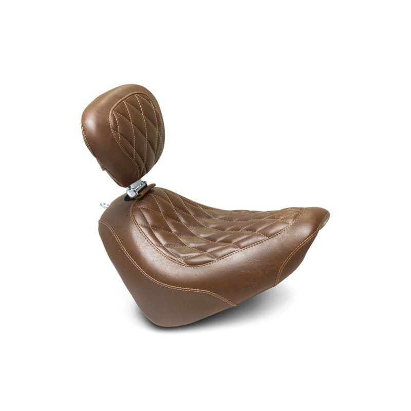 Mustang Motorcycle — Mustang 18-21 Harley Fat Bob Wide Tripper Solo Seat w/Driver Backrest Diamond Stitch - Brown