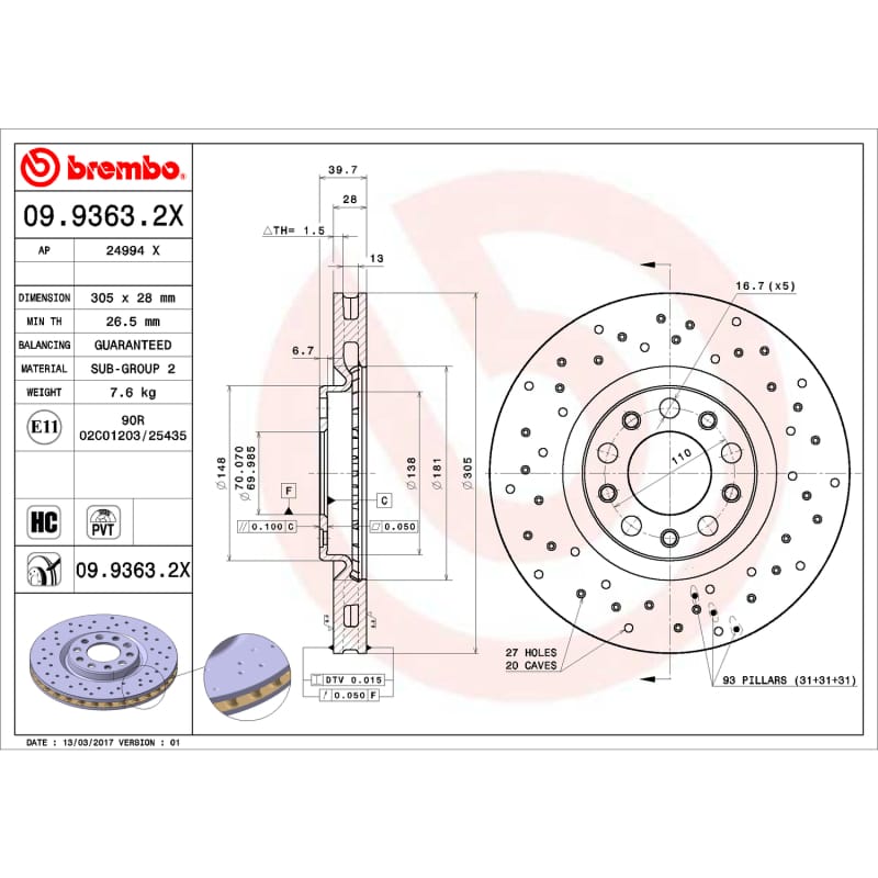 Brembo OE — Premium UV Coated Front Xtra Cross Drilled Brake Rotor