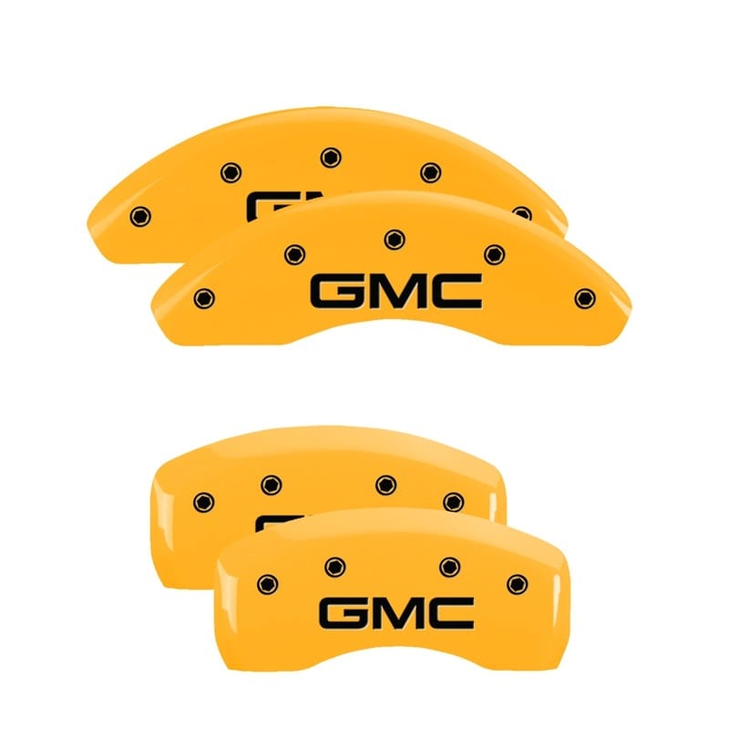 MGP — Set of 4 caliper covers, Engraved Front and Rear: GMC, Yellow powder coat finish
