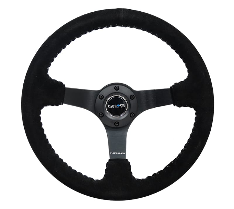 NRG — NRG Reinforced Steering Wheel (350mm / 3in. Deep) Blk Suede/Silver BBall Stitch w/5mm Mt. Blk Spokes