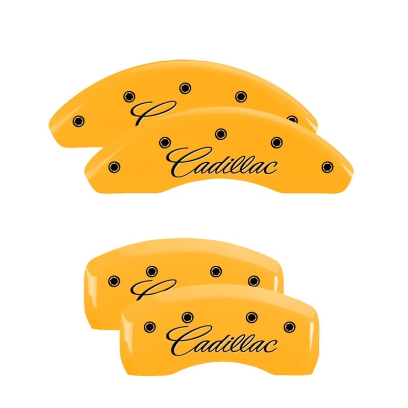 MGP — Set of 4 caliper covers, Engraved Front and Rear: Cursive/Cadillac, Yellow powde