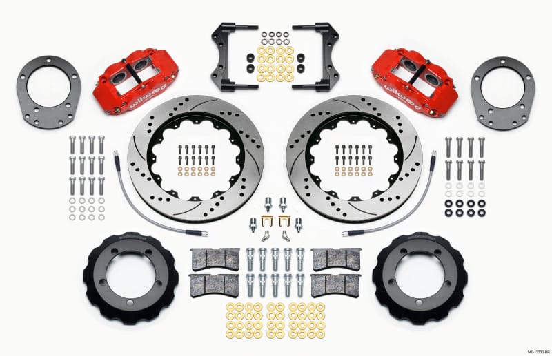 Wilwood — KIT,FRONT,FORD BRONCO,76-77,DANA 44,DISC SPINDLE,FNSL4R,14.00,DRLL,RED,W/LINES