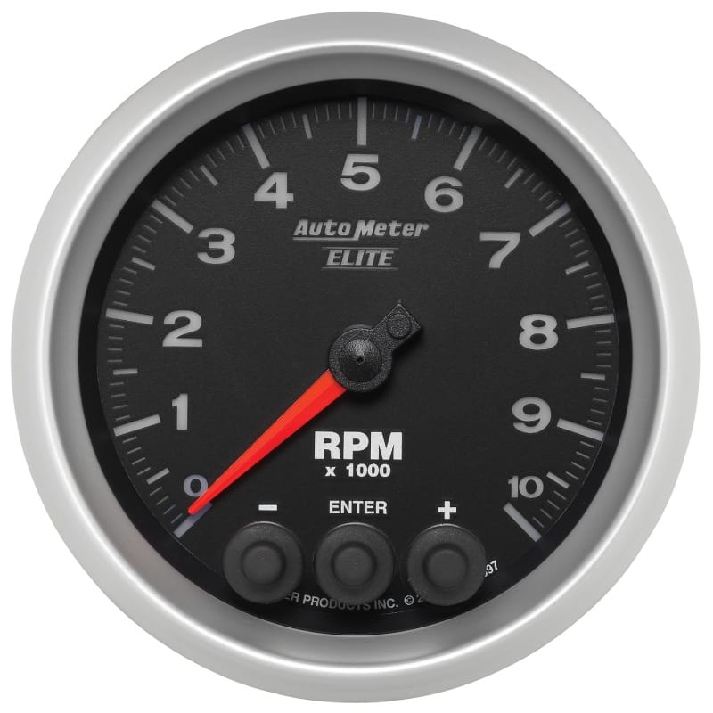 AutoMeter — GAUGE, TACH, 3 3/8", 10K RPM, IN-DASH W/ SHIFT LIGHT & PEAK MEM, ELITE