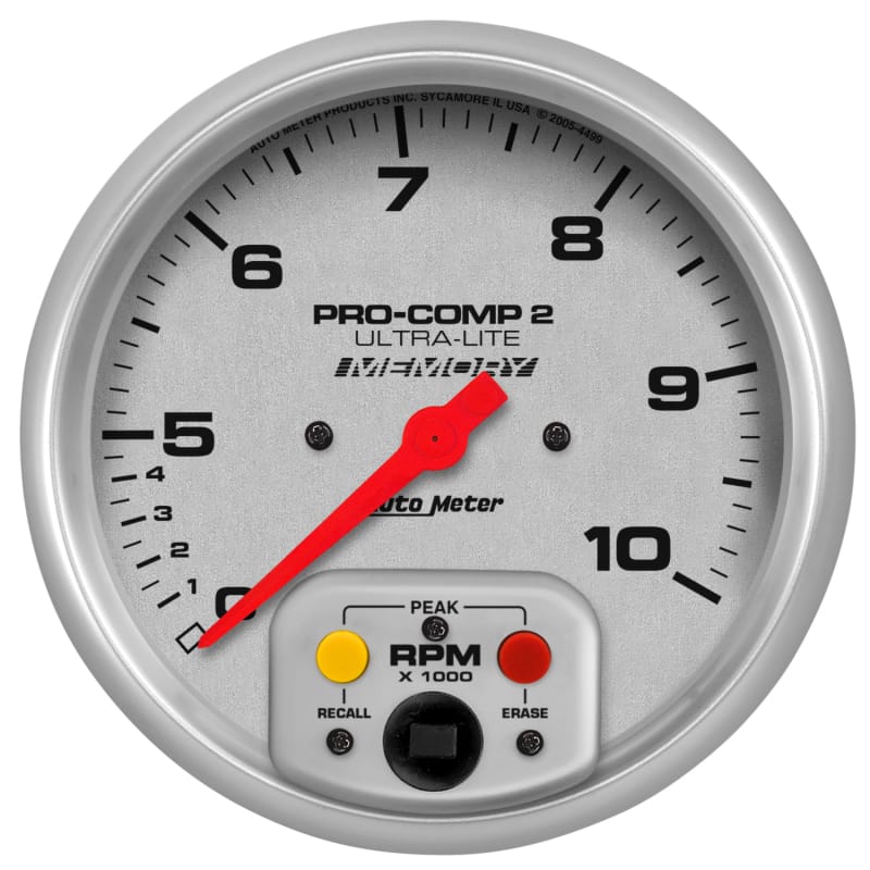 AutoMeter — GAUGE, TACH, 5" , 10K RPM, IN-DASH, DUAL RANGE W/PEAK MEMORY, ULTRA-LITE