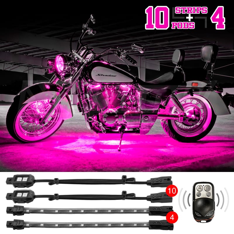 XKGLOW — XK Glow Strips Single Color XKGLOW LED Accent Light Motorcycle Kit Pink - 10xPod + 4x8In