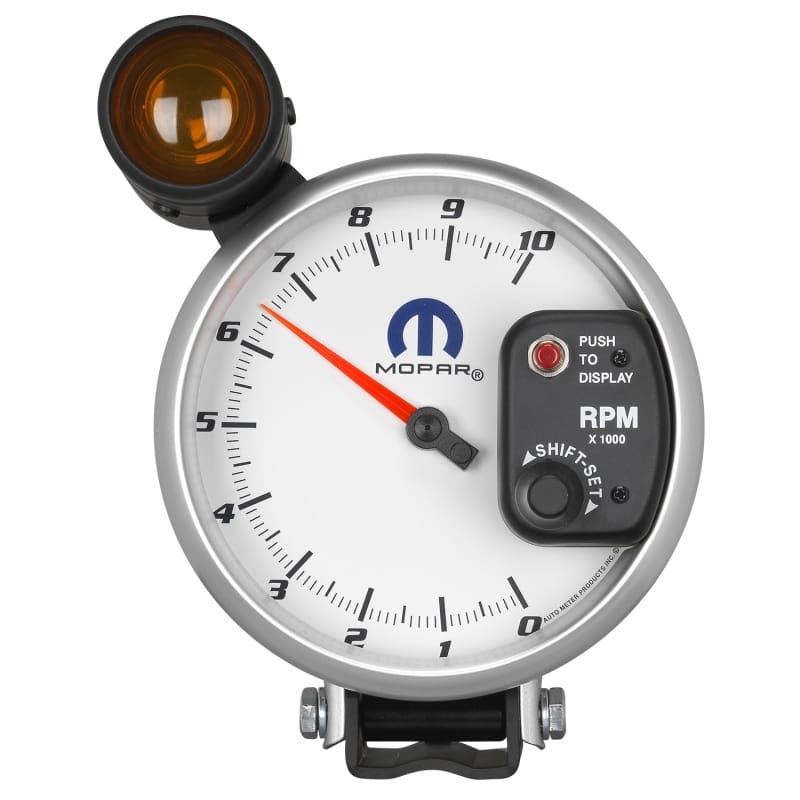 AutoMeter — GAUGE, TACHOMETER, 5" , 10K RPM, PEDESTAL W/ EXT. SHIFT-LITE, WHITE, MOPAR