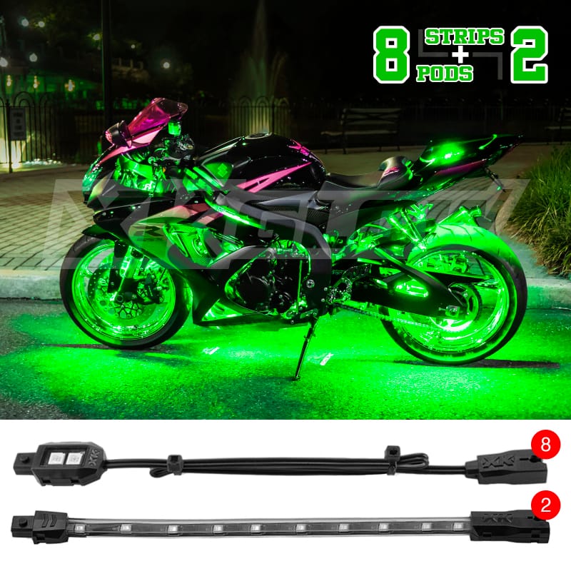 XKGLOW — XK Glow Strips Single Color XKGLOW LED Accent Light Motorcycle Kit Green - 8xPod + 2x8In