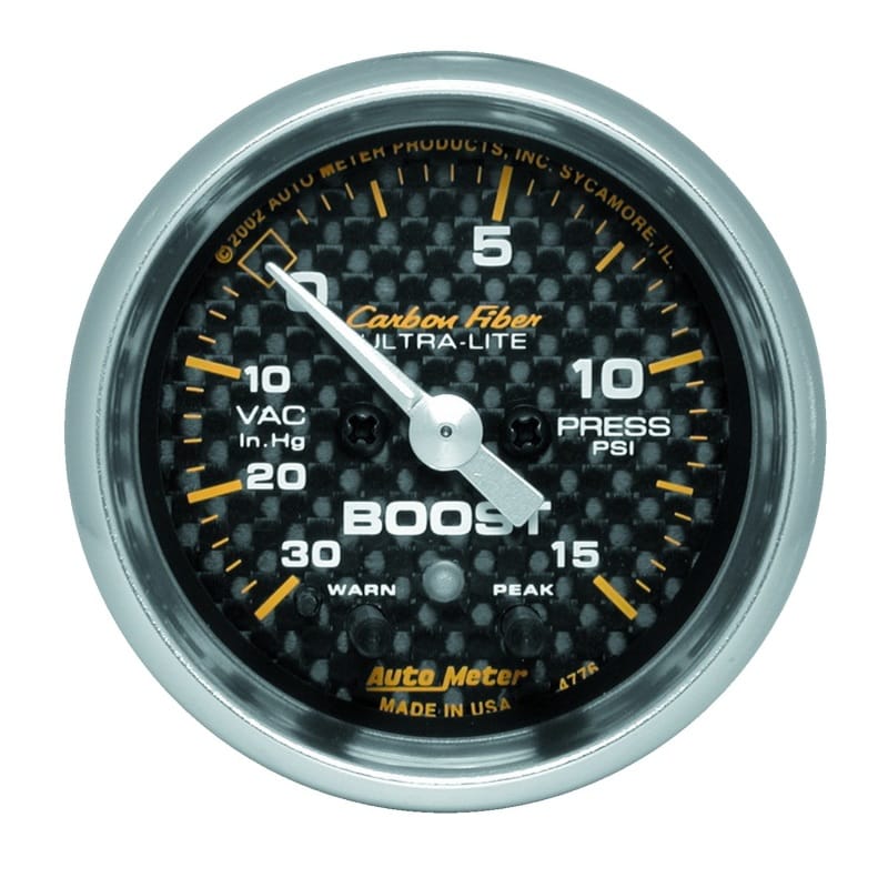 AutoMeter — GAUGE, VAC/BOOST, 2 1/16", 30INHG-15PSI, STEPPER MOTOR W/ PK & WRN, CARBON FIBER