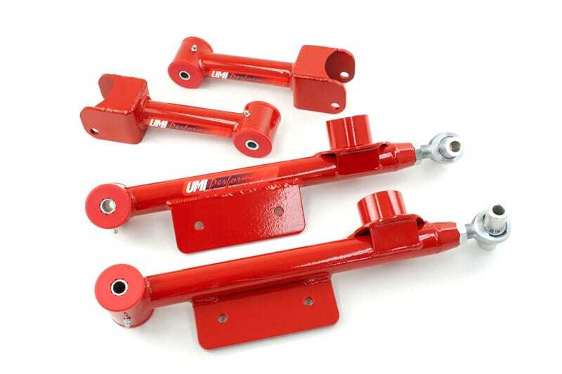 UMI Performance — UMI adj lower & fixed upper control arms: bolt-on, poly bushings, track-ready.