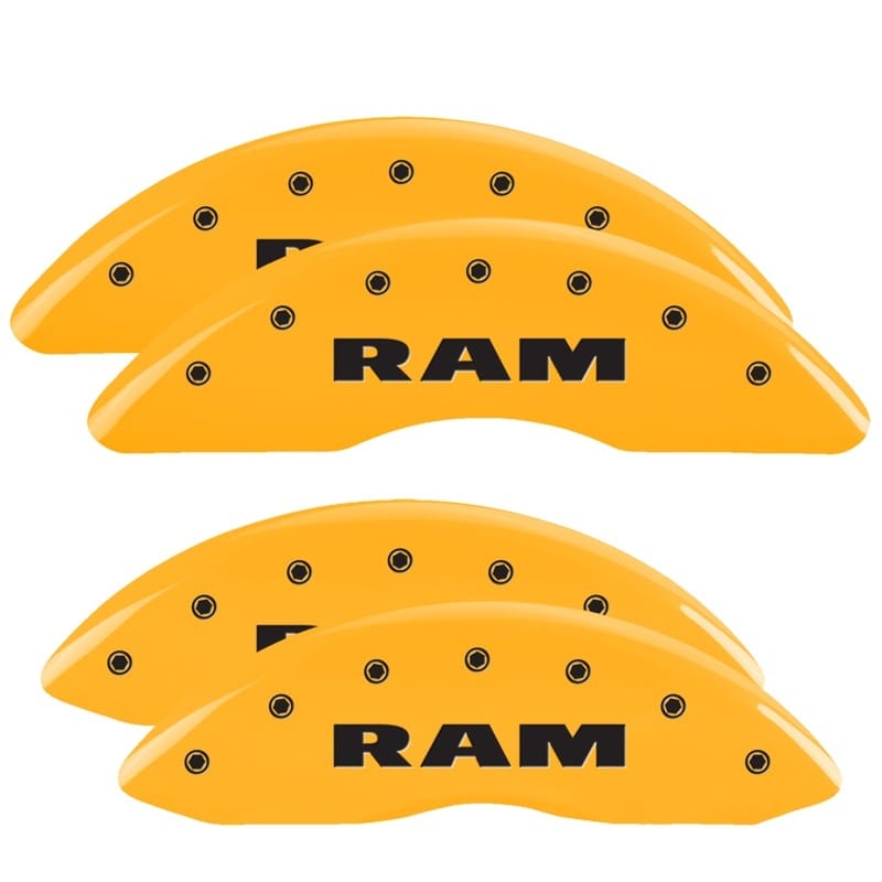 MGP — Set of 4 caliper covers, Engraved Front and Rear: RAM, Yellow powder coat finish