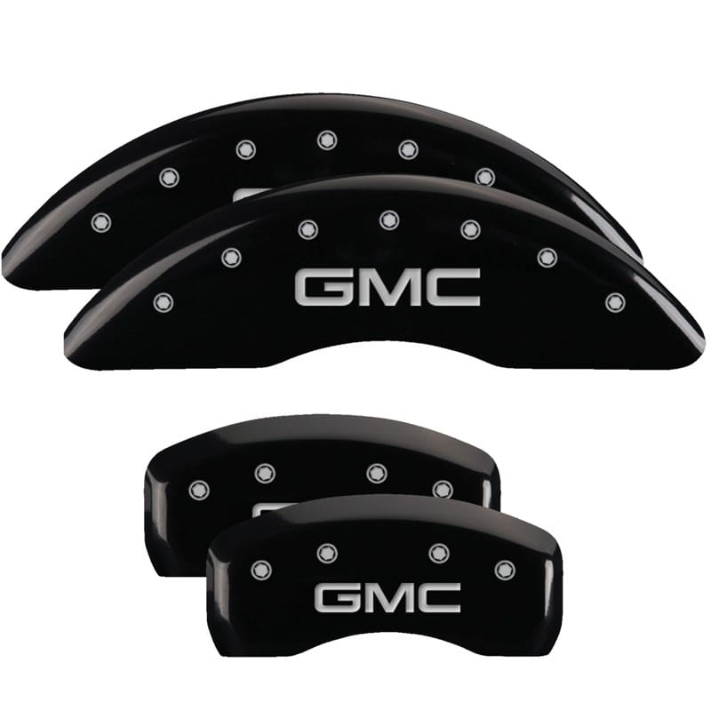MGP — Set of 4 caliper covers, Engraved Front and Rear: GMC, Black powder coat finish,