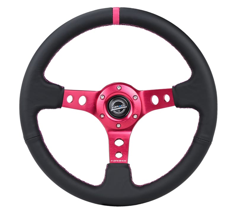 NRG — NRG Reinforced Steering Wheel (350mm/3in. Deep) Black Leather/ Fushia Center Mark/ Fushia Stitching